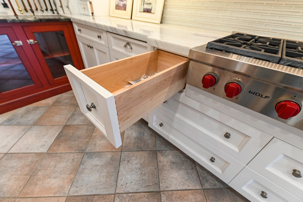 Amish Custom Cabinets with Mahogany Hood in Traditional Classic White Kitchen & Two-Toned Dry Bar