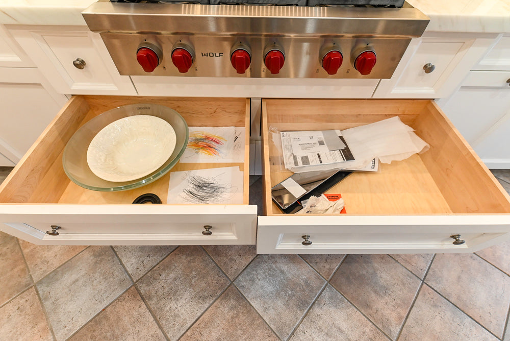 Amish Custom Cabinets with Mahogany Hood in Traditional Classic White Kitchen & Two-Toned Dry Bar