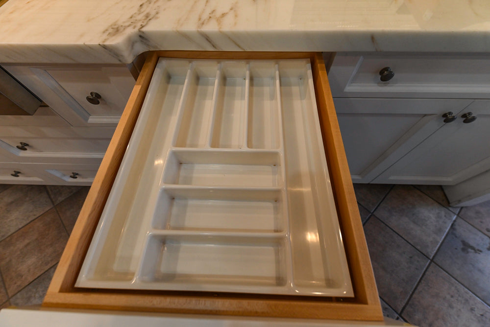 Amish Custom Cabinets with Mahogany Hood in Traditional Classic White Kitchen & Two-Toned Dry Bar