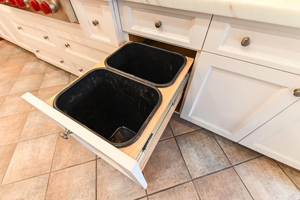 Amish Custom Cabinets with Mahogany Hood in Traditional Classic White Kitchen & Two-Toned Dry Bar