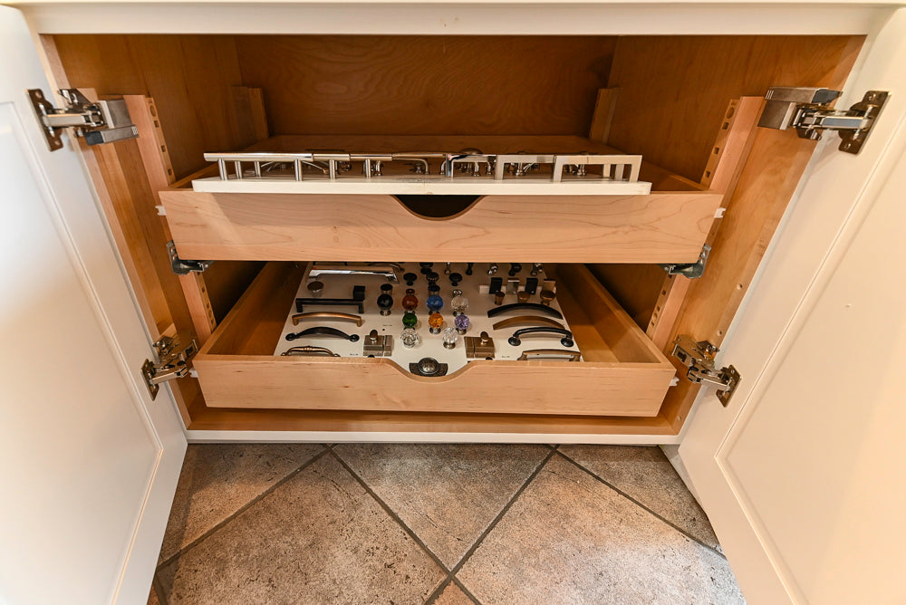 Amish Custom Cabinets with Mahogany Hood in Traditional Classic White Kitchen & Two-Toned Dry Bar