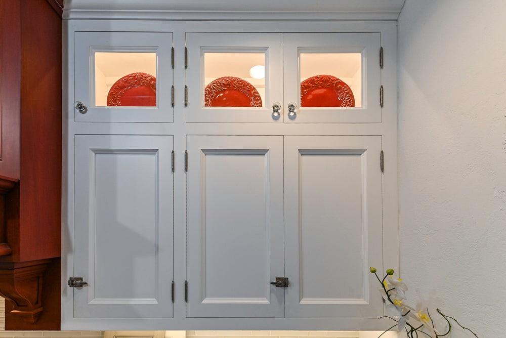 Amish Custom Cabinets with Mahogany Hood in Traditional Classic White Kitchen & Two-Toned Dry Bar