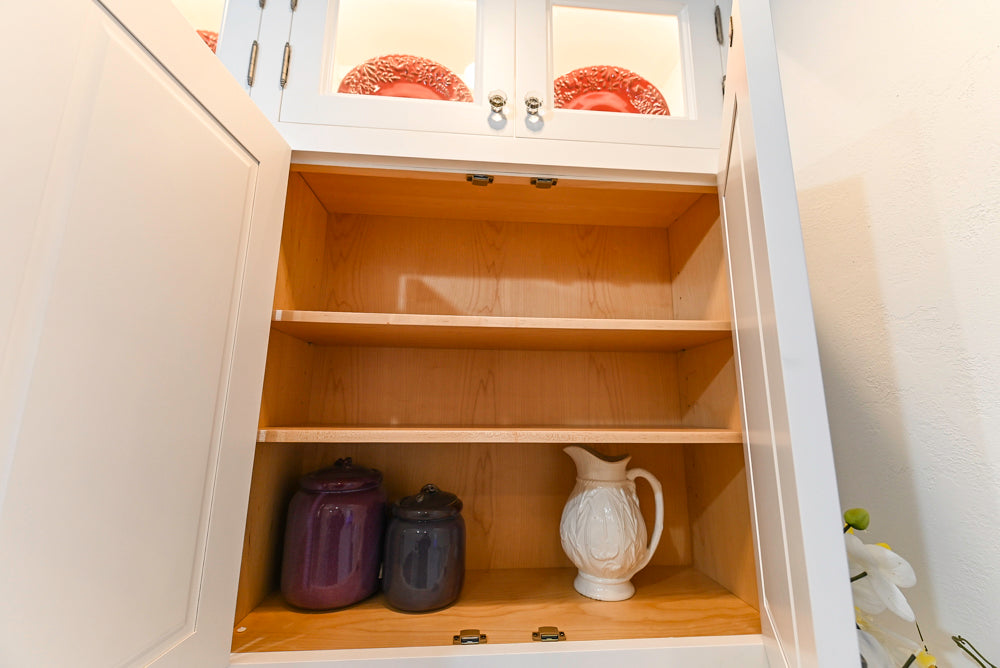 Amish Custom Cabinets with Mahogany Hood in Traditional Classic White Kitchen & Two-Toned Dry Bar