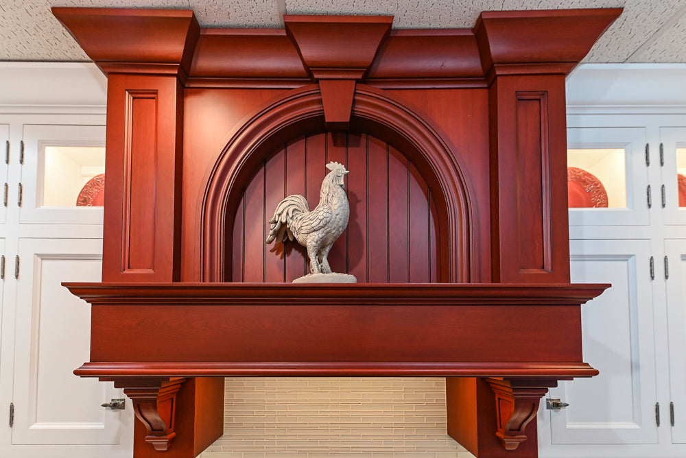 Amish Custom Cabinets with Mahogany Hood in Traditional Classic White Kitchen & Two-Toned Dry Bar