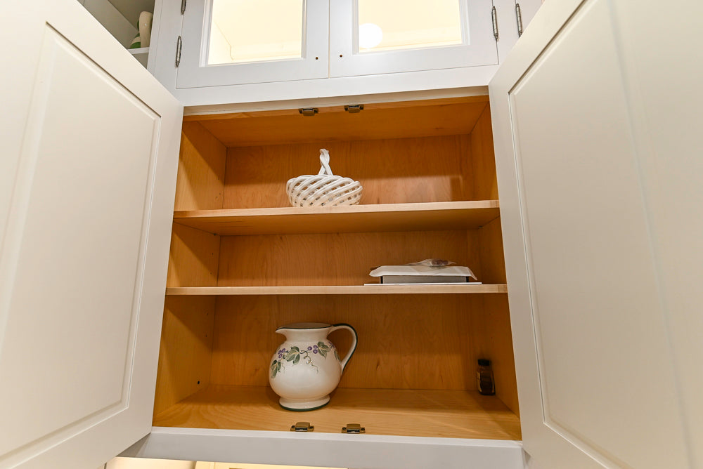 Amish Custom Cabinets with Mahogany Hood in Traditional Classic White Kitchen & Two-Toned Dry Bar