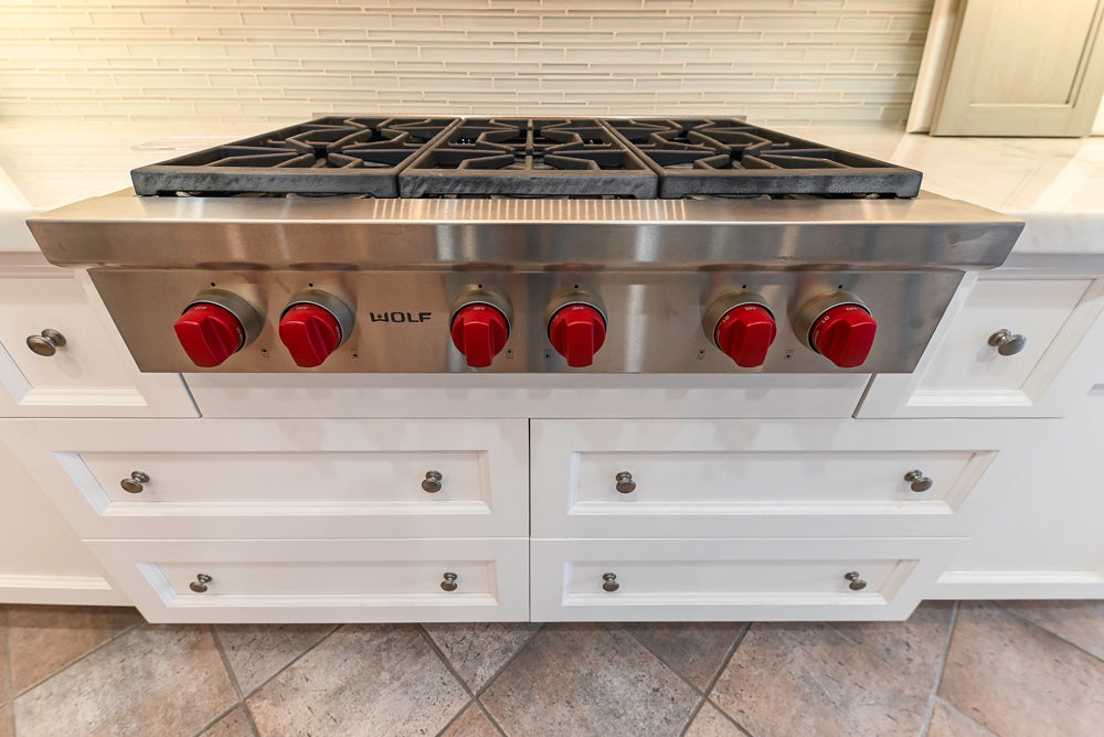 Amish Custom Cabinets with Mahogany Hood in Traditional Classic White Kitchen & Two-Toned Dry Bar