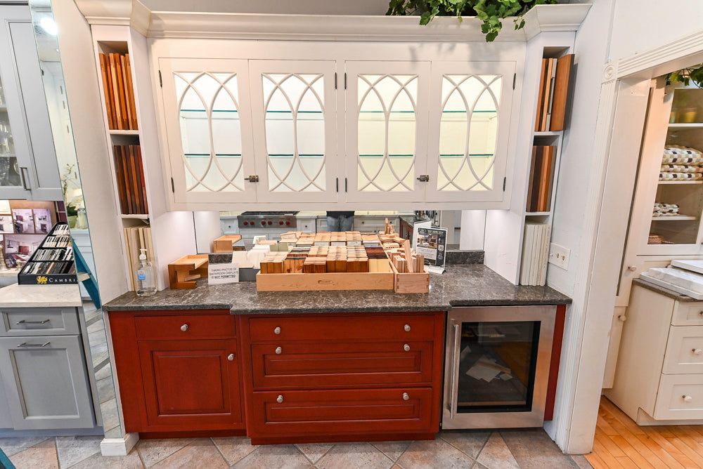 Amish Custom Cabinets with Mahogany Hood in Traditional Classic White Kitchen & Two-Toned Dry Bar