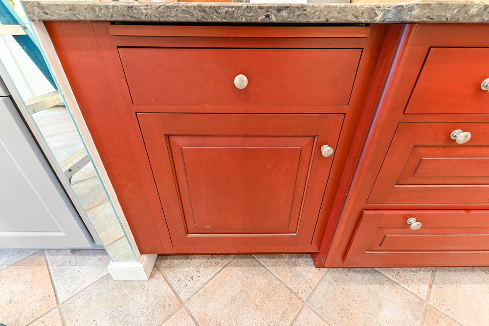 Amish Custom Cabinets with Mahogany Hood in Traditional Classic White Kitchen & Two-Toned Dry Bar