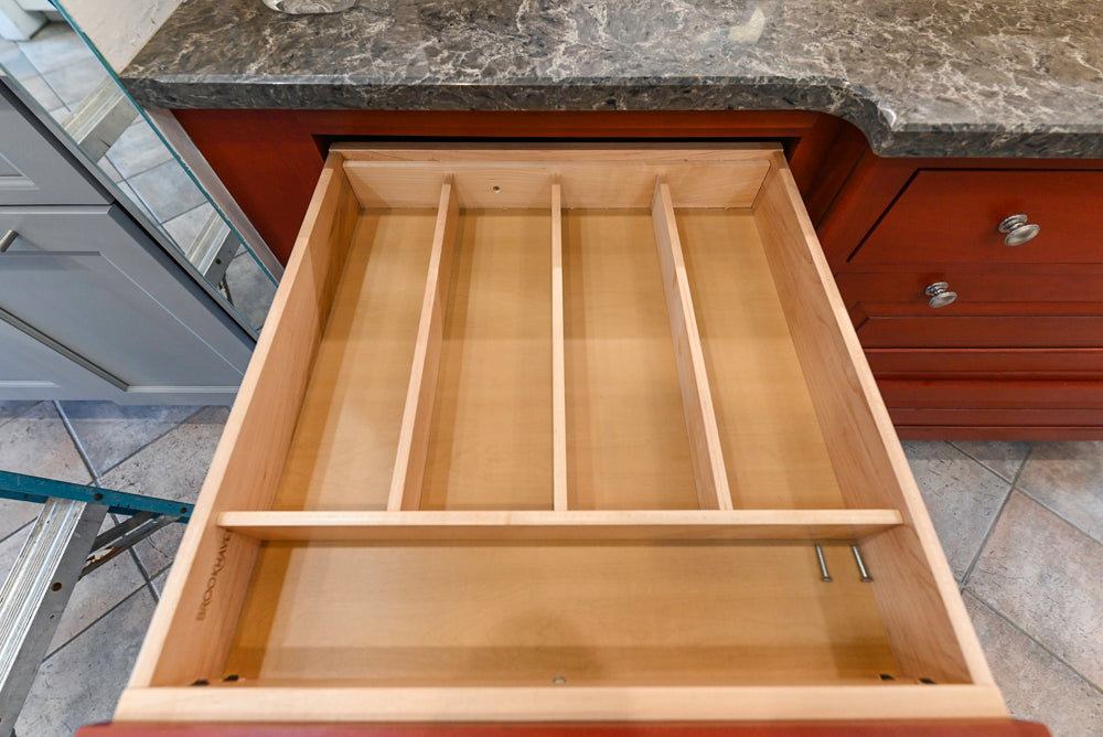 Amish Custom Cabinets with Mahogany Hood in Traditional Classic White Kitchen & Two-Toned Dry Bar