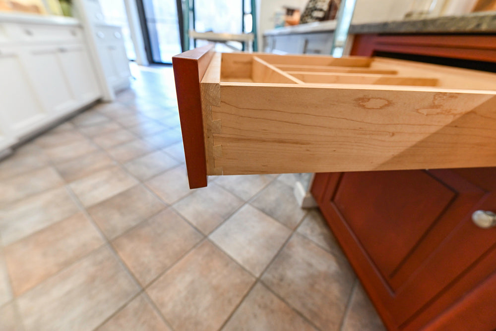 Amish Custom Cabinets with Mahogany Hood in Traditional Classic White Kitchen & Two-Toned Dry Bar