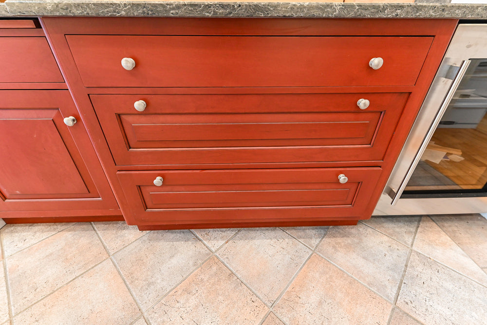 Amish Custom Cabinets with Mahogany Hood in Traditional Classic White Kitchen & Two-Toned Dry Bar