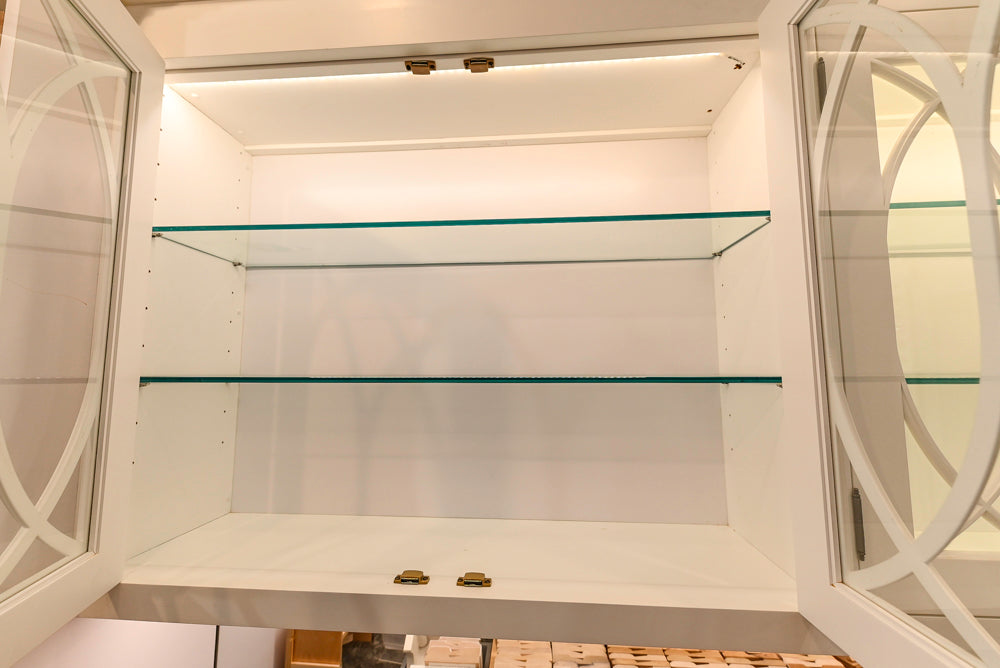 Amish Custom Cabinets with Mahogany Hood in Traditional Classic White Kitchen & Two-Toned Dry Bar