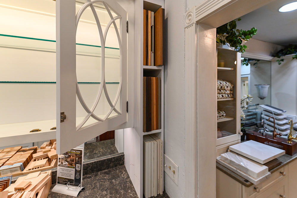 Amish Custom Cabinets with Mahogany Hood in Traditional Classic White Kitchen & Two-Toned Dry Bar