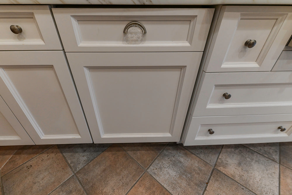 Amish Custom Cabinets with Mahogany Hood in Traditional Classic White Kitchen & Two-Toned Dry Bar