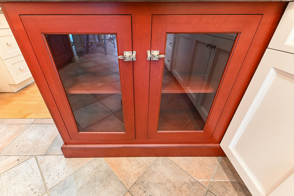 Amish Custom Cabinets with Mahogany Hood in Traditional Classic White Kitchen & Two-Toned Dry Bar