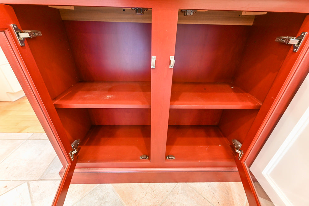 Amish Custom Cabinets with Mahogany Hood in Traditional Classic White Kitchen & Two-Toned Dry Bar