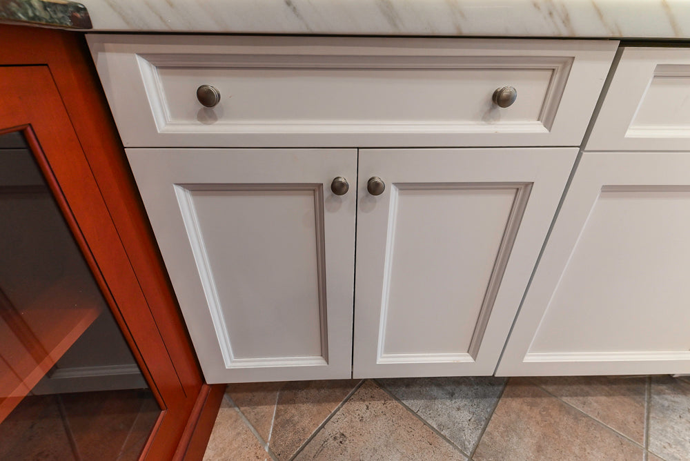 Amish Custom Cabinets with Mahogany Hood in Traditional Classic White Kitchen & Two-Toned Dry Bar