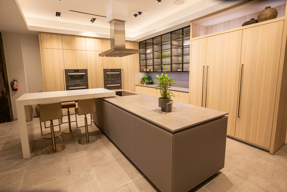 eggersmann Modern Light Ash Showroom Kitchen with Island, Miele Appliances & Dekton Keon Countertops