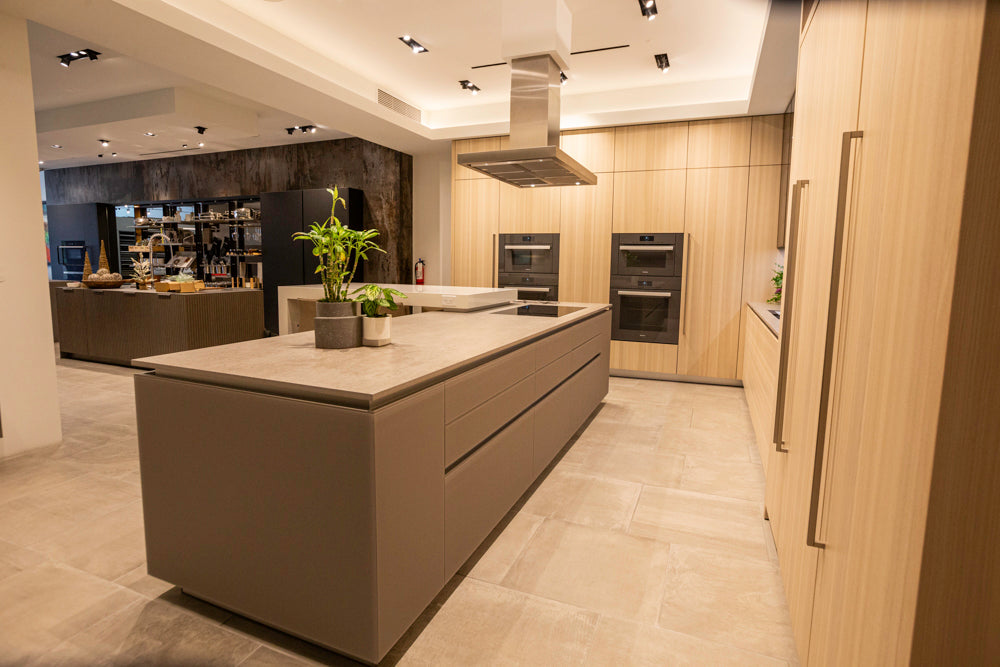 eggersmann Modern Light Ash Showroom Kitchen with Island, Miele Appliances & Dekton Keon Countertops