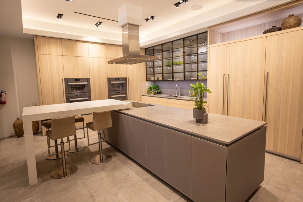 eggersmann Modern Light Ash Showroom Kitchen with Island, Miele Appliances & Dekton Keon Countertops