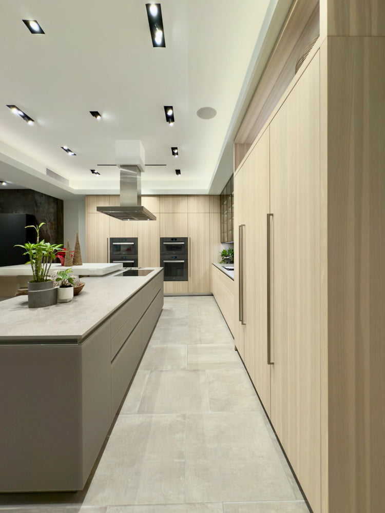 Eggersmann Modern Light Oak Showroom Kitchen with Isand, Miele Appliances & Dekton Keon Countertops