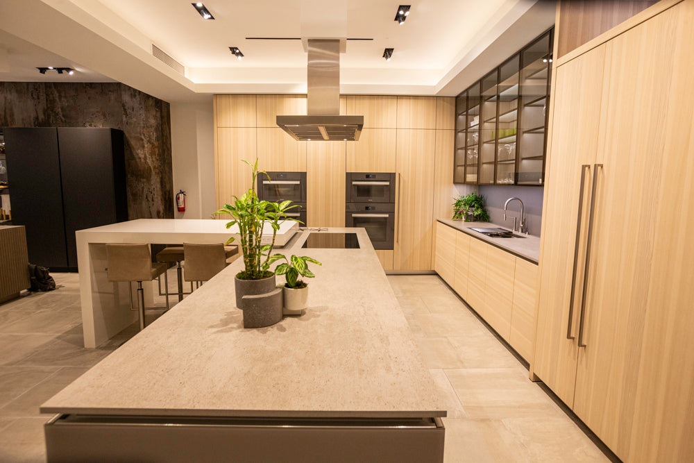 eggersmann Modern Light Ash Showroom Kitchen with Island, Miele Appliances & Dekton Keon Countertops