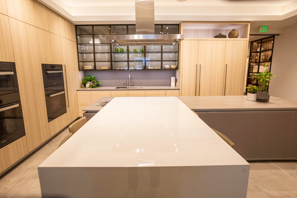 eggersmann Modern Light Ash Showroom Kitchen with Island, Miele Appliances & Dekton Keon Countertops