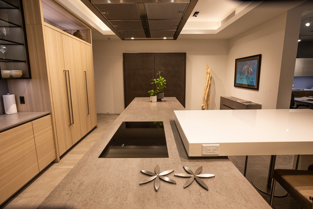eggersmann Modern Light Ash Showroom Kitchen with Island, Miele Appliances & Dekton Keon Countertops