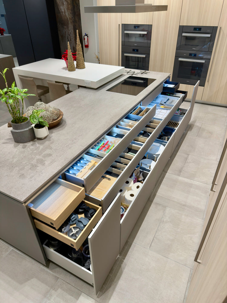 Eggersmann Modern Light Oak Showroom Kitchen with Isand, Miele Appliances & Dekton Keon Countertops