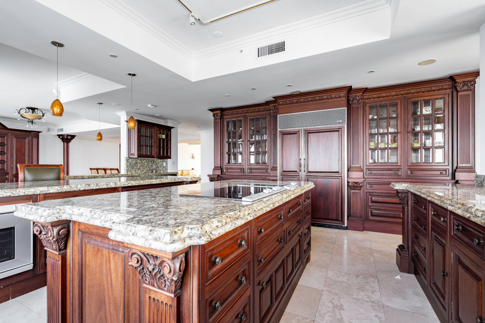 Clive Christian Regency Style Traditional Mahogany Kitchen with Granite Countertops & Gaggenau Appliances