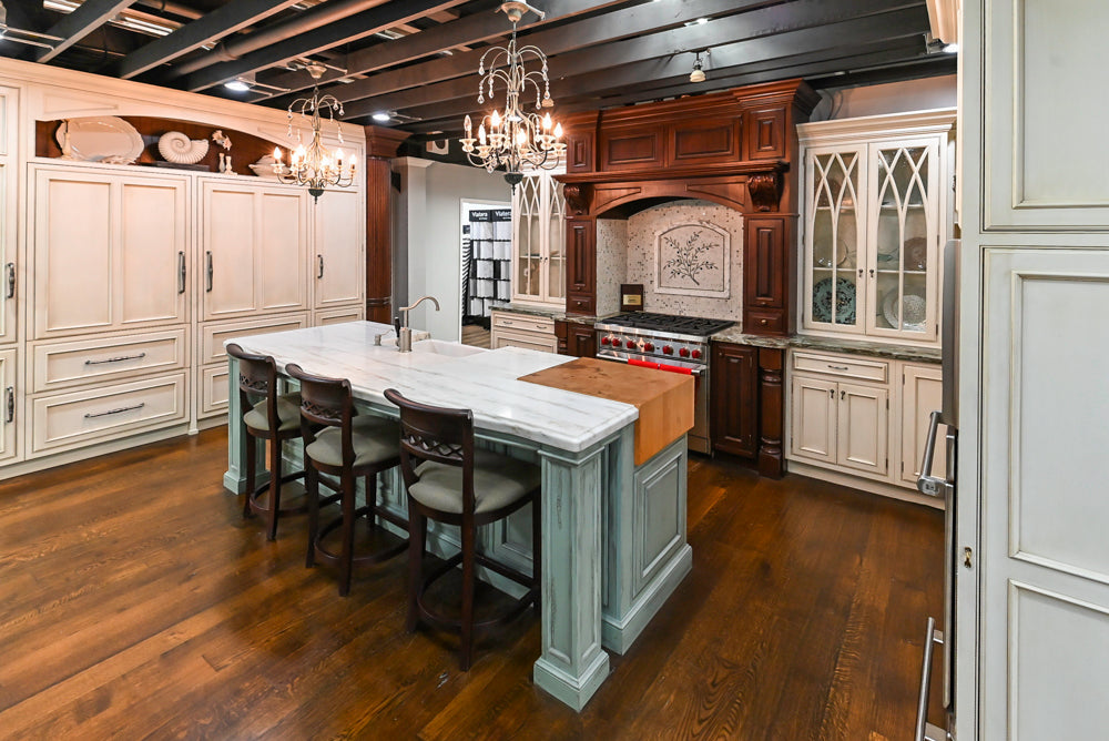 Plain & Fancy Traditional Multi-Tone Kitchen with Island and Dry Bar