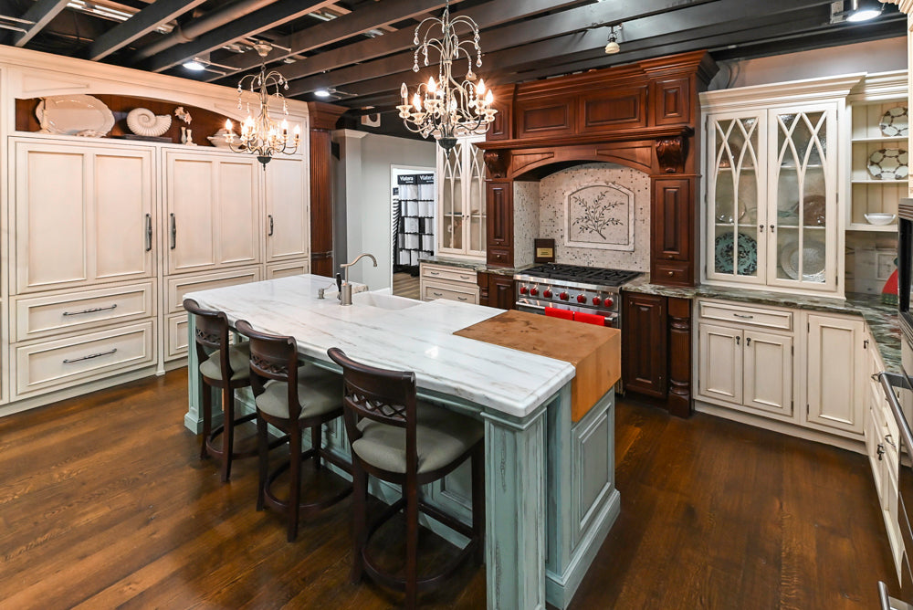 Plain & Fancy Traditional Multi-Tone Kitchen with Island and Dry Bar