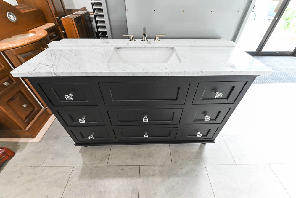 Black Maple 55 3/4" Modern Vanity with Carrara Marble Top, Sink and Faucet