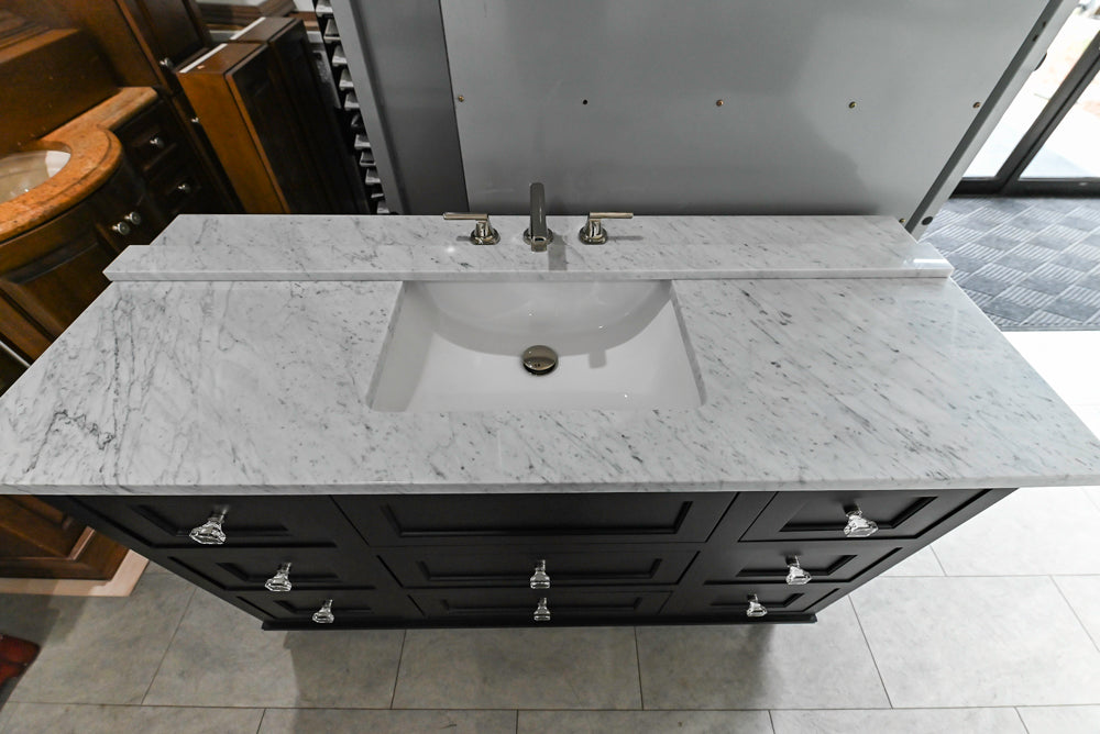 Black Maple 55 3/4" Modern Vanity with Carrara Marble Top, Sink and Faucet
