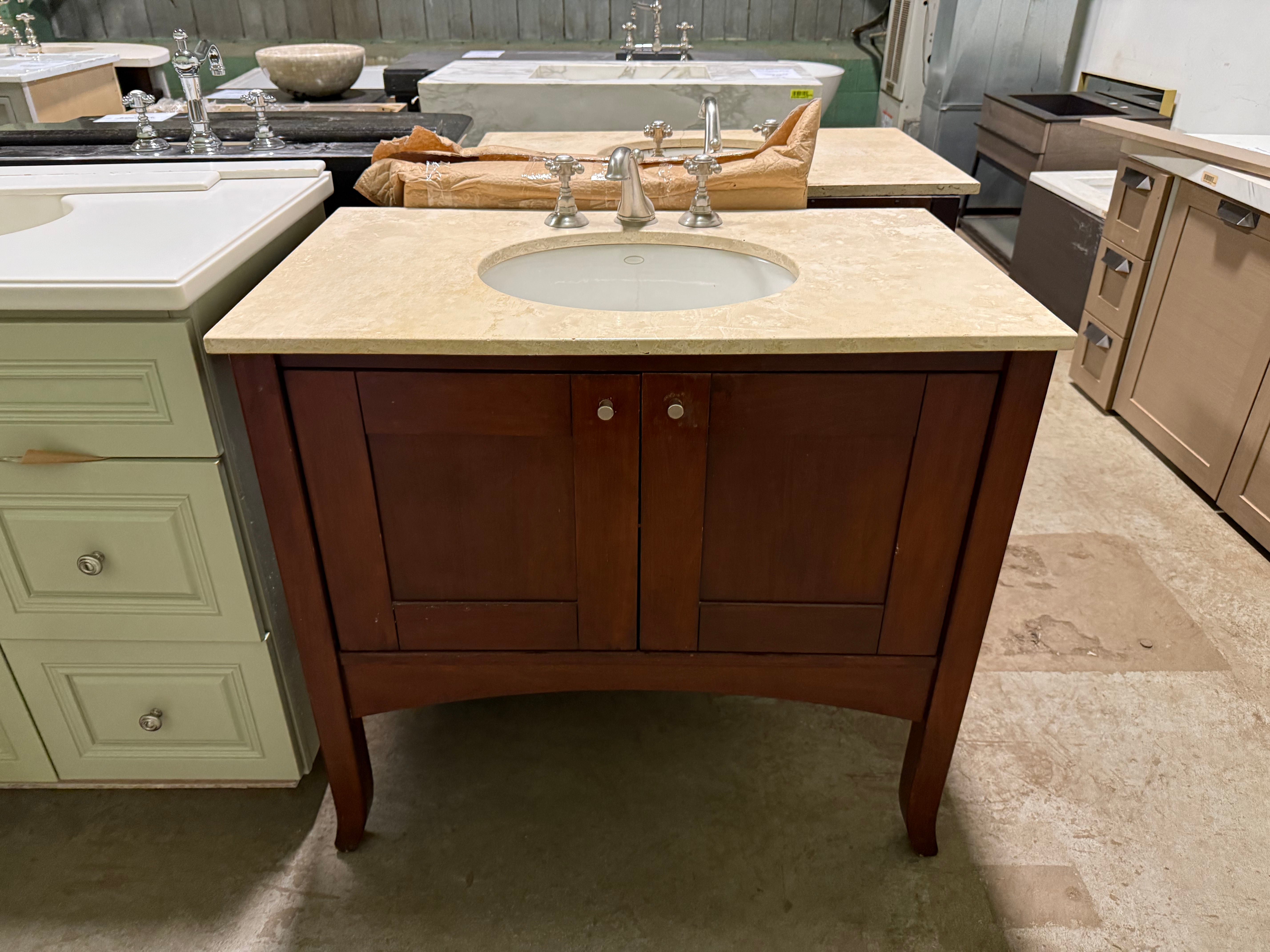 Traditional 37" Cherry Wood Single Vanity with Stone Top, Sink and Faucet