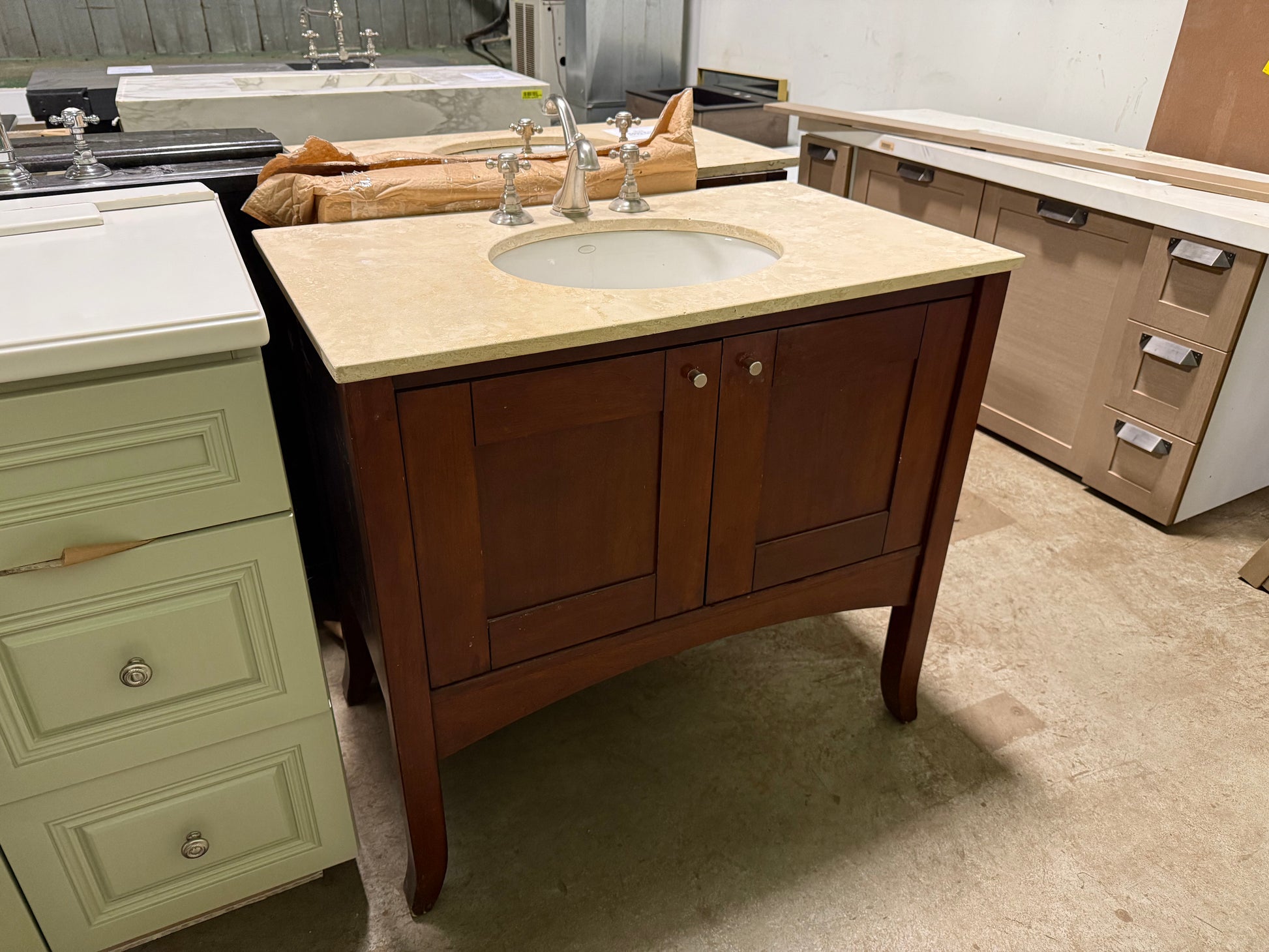 Traditional 37" Cherry Wood Single Vanity with Stone Top, Sink and Faucet