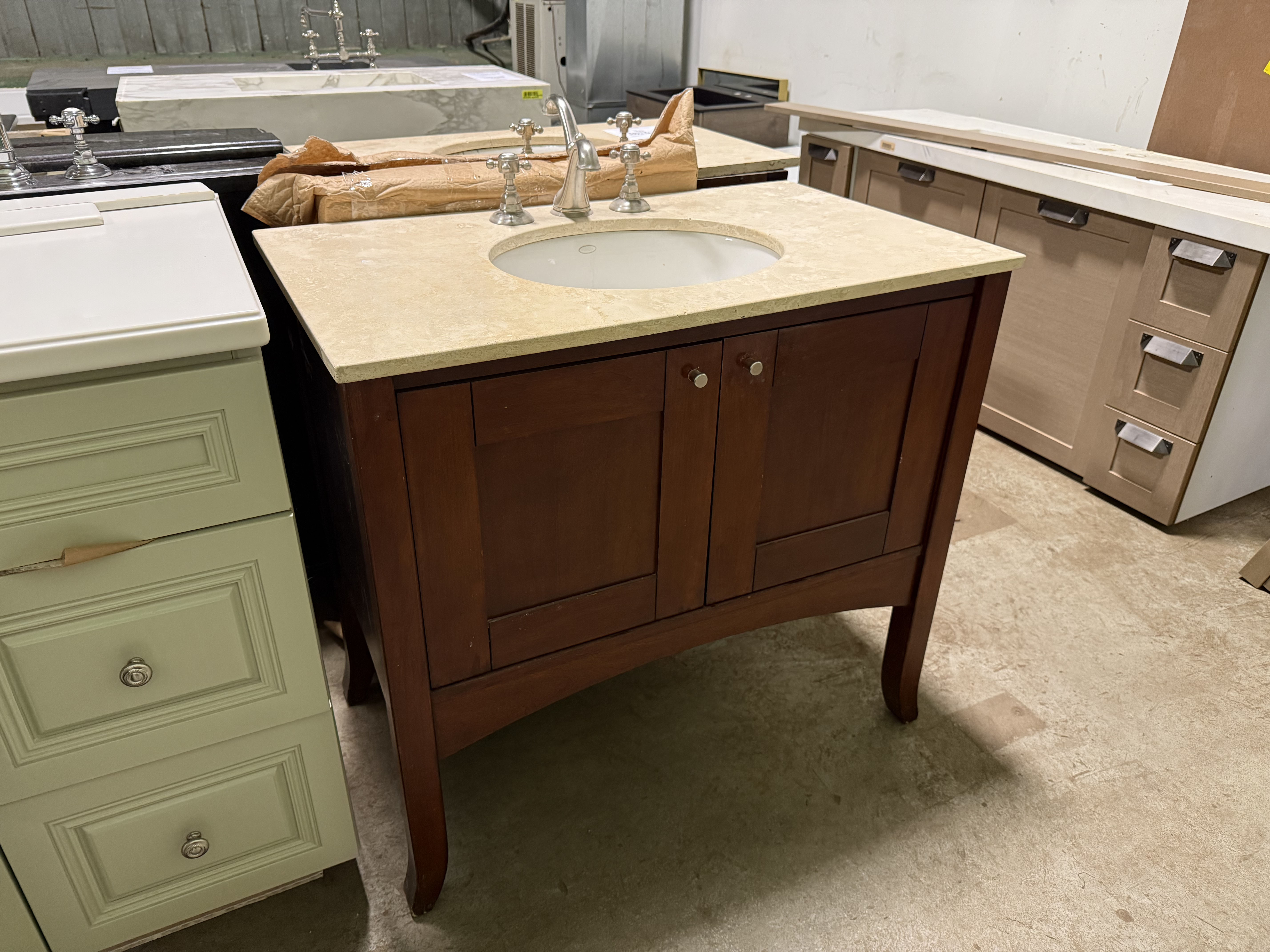 Traditional 37" Cherry Wood Single Vanity with Stone Top, Sink and Faucet