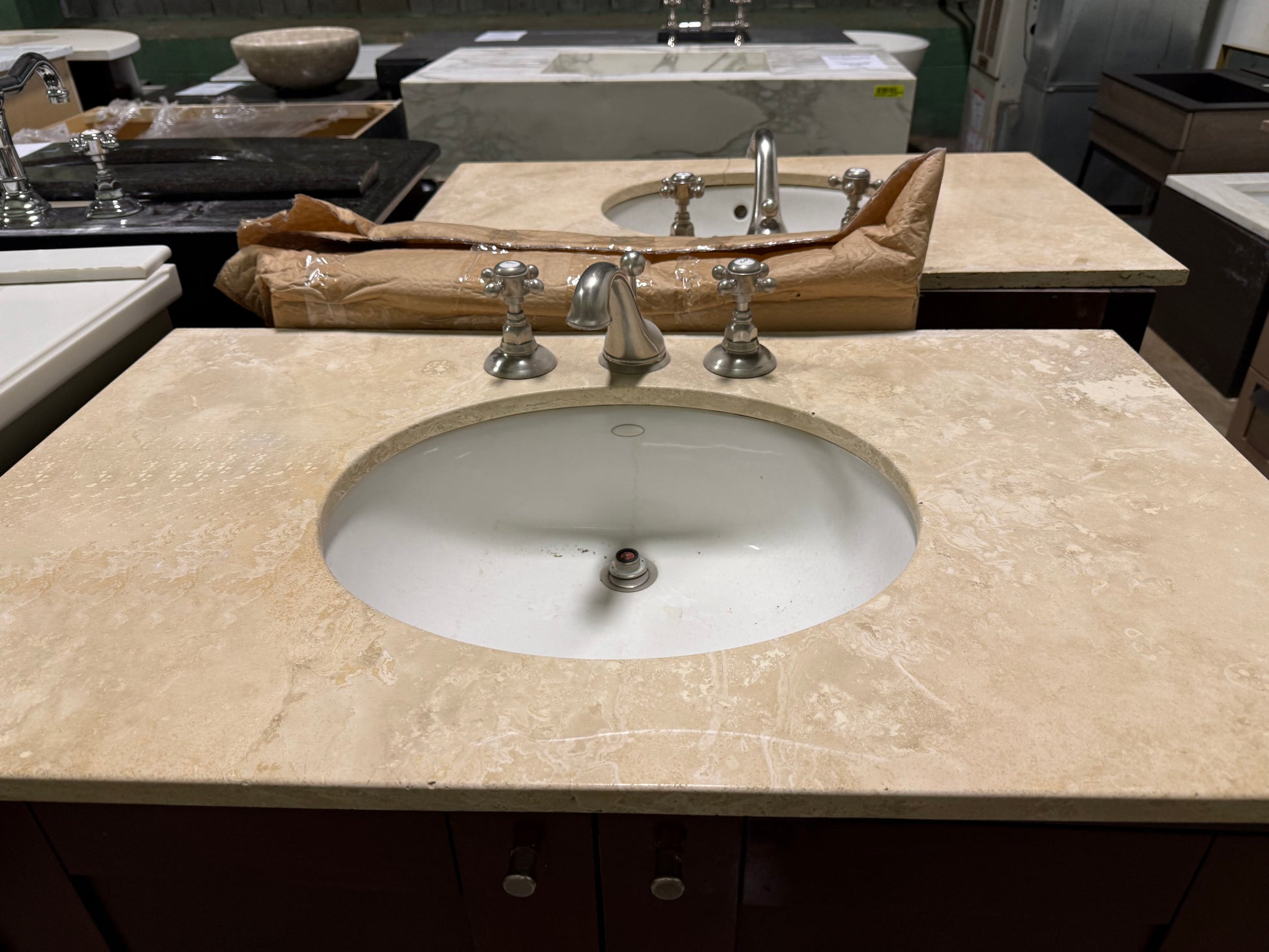 Traditional 37" Cherry Wood Single Vanity with Stone Top, Sink and Faucet