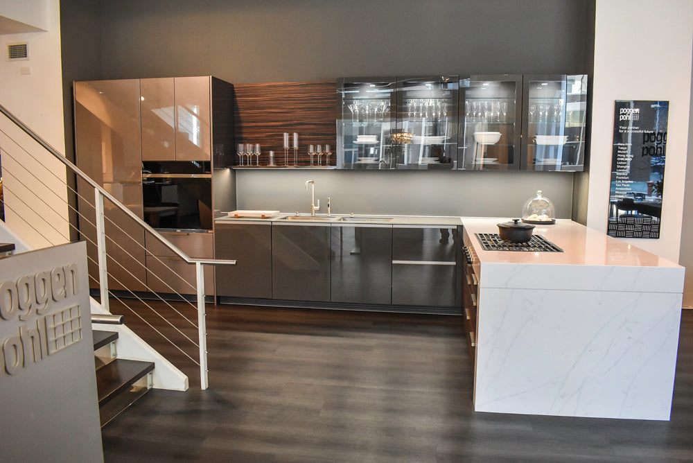 Poggenpohl Standard Modern Multi-Tone Kitchen with Glass Upper Cabinets and Sub-Zero & Wolf Appliances