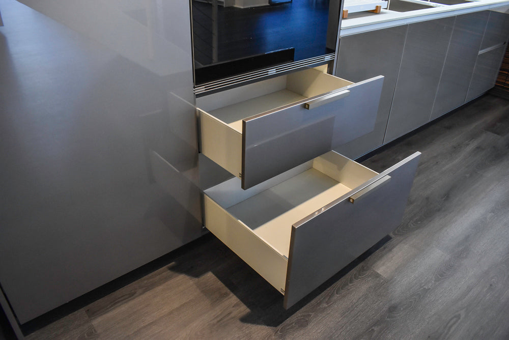 Poggenpohl Standard Modern Multi-Tone Kitchen with Glass Upper Cabinets and Sub-Zero & Wolf Appliances