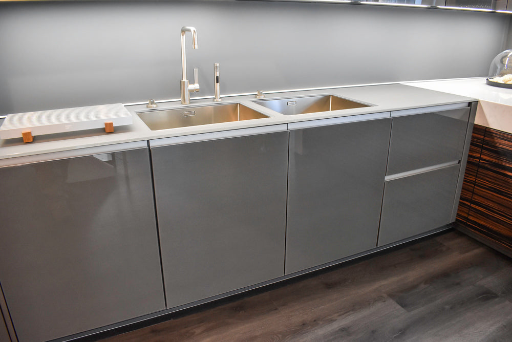 Poggenpohl Standard Modern Multi-Tone Kitchen with Glass Upper Cabinets and Sub-Zero & Wolf Appliances