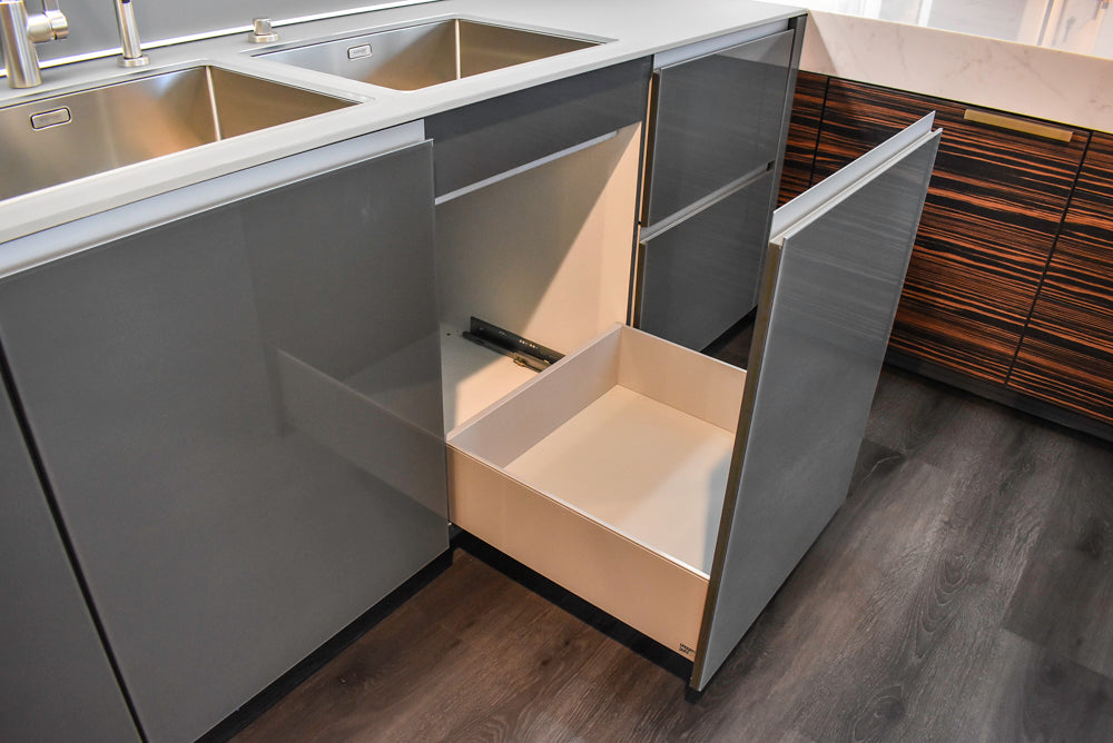 Poggenpohl Standard Modern Multi-Tone Kitchen with Glass Upper Cabinets and Sub-Zero & Wolf Appliances