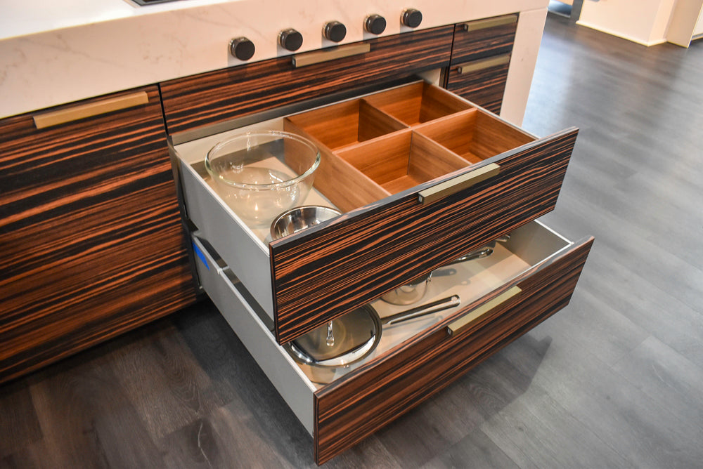 Poggenpohl Standard Modern Multi-Tone Kitchen with Glass Upper Cabinets and Sub-Zero & Wolf Appliances