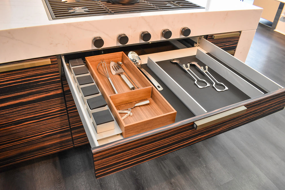 Poggenpohl Standard Modern Multi-Tone Kitchen with Glass Upper Cabinets and Sub-Zero & Wolf Appliances