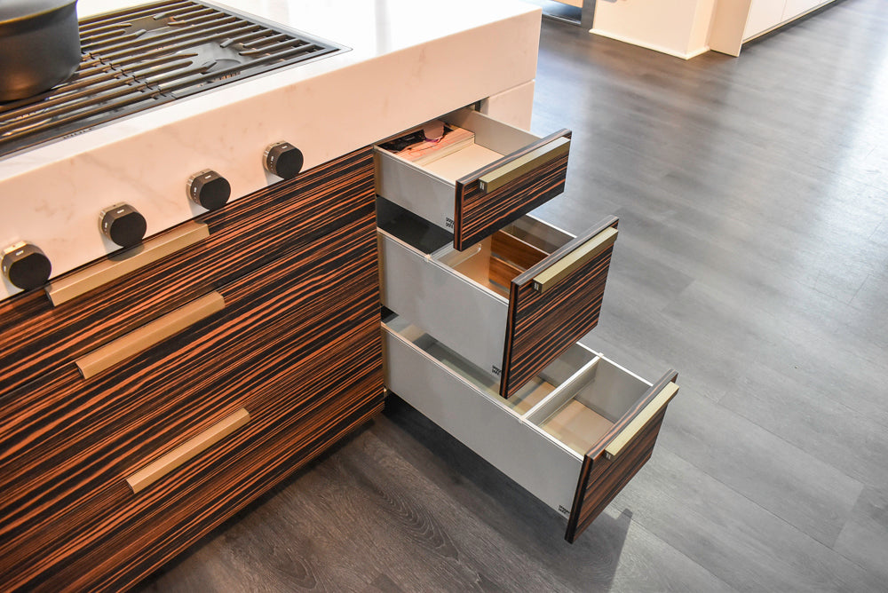 Poggenpohl Standard Modern Multi-Tone Kitchen with Glass Upper Cabinets and Sub-Zero & Wolf Appliances