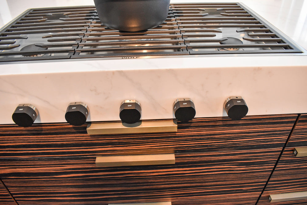 Poggenpohl Standard Modern Multi-Tone Kitchen with Glass Upper Cabinets and Sub-Zero & Wolf Appliances