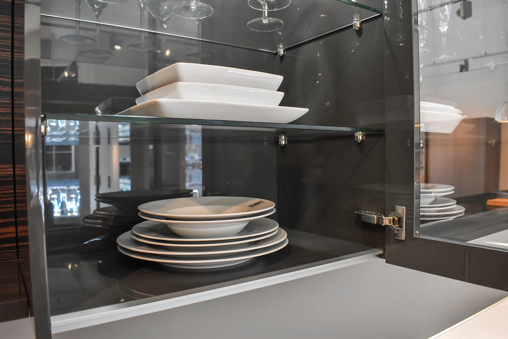 Poggenpohl Standard Modern Multi-Tone Kitchen with Glass Upper Cabinets and Sub-Zero & Wolf Appliances