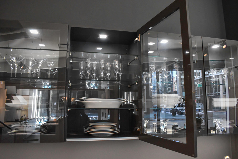 Poggenpohl Standard Modern Multi-Tone Kitchen with Glass Upper Cabinets and Sub-Zero & Wolf Appliances