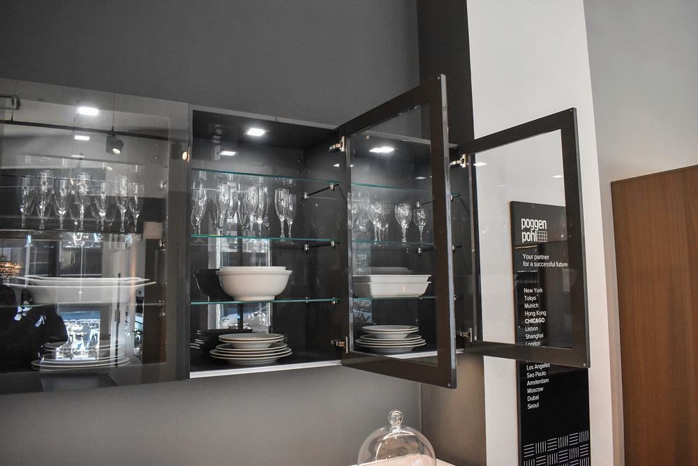 Poggenpohl Standard Modern Multi-Tone Kitchen with Glass Upper Cabinets and Sub-Zero & Wolf Appliances