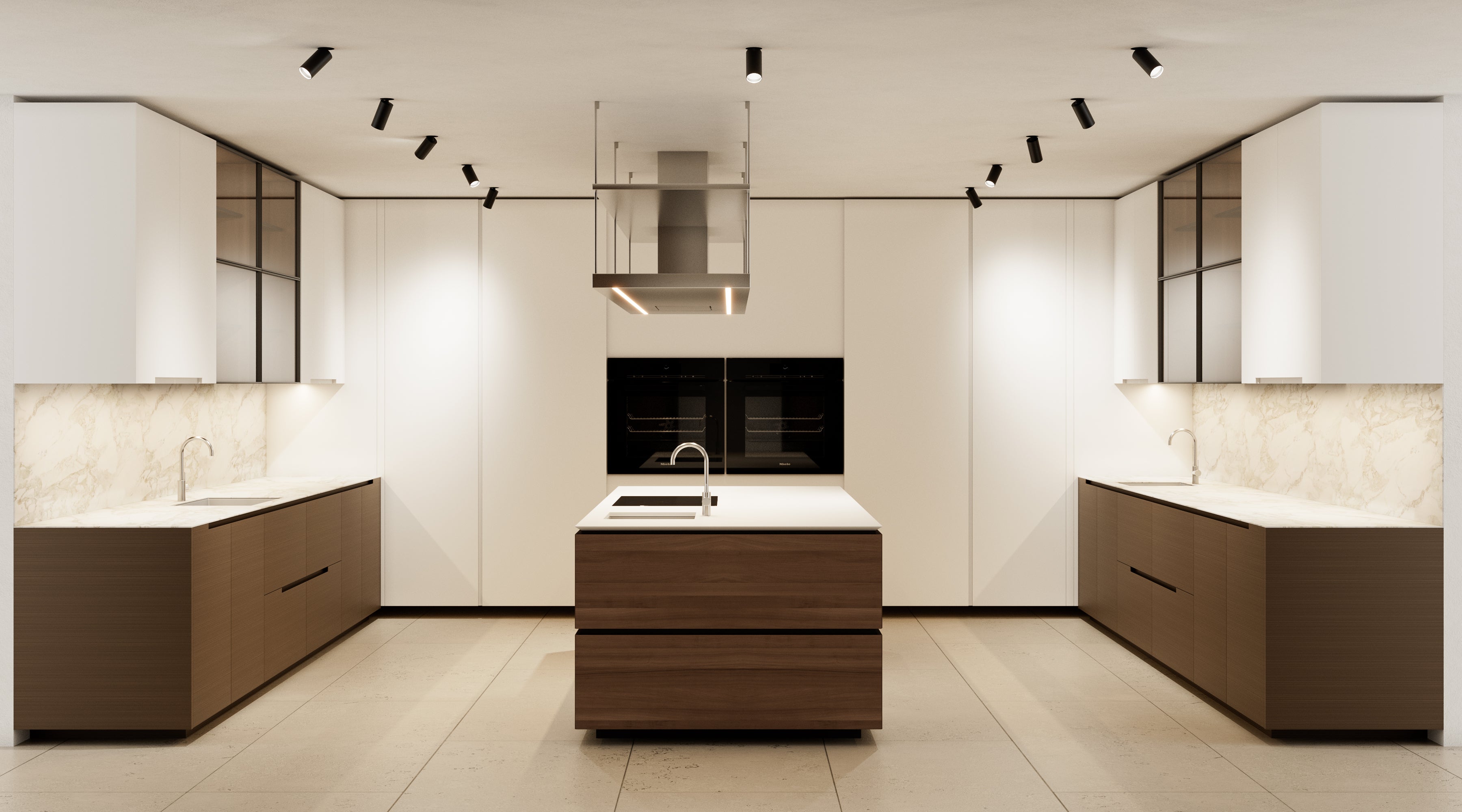 Poliform Phoenix Multi-Tone Modern Kitchen with Artex Island, Stone Countertops and Miele Appliances